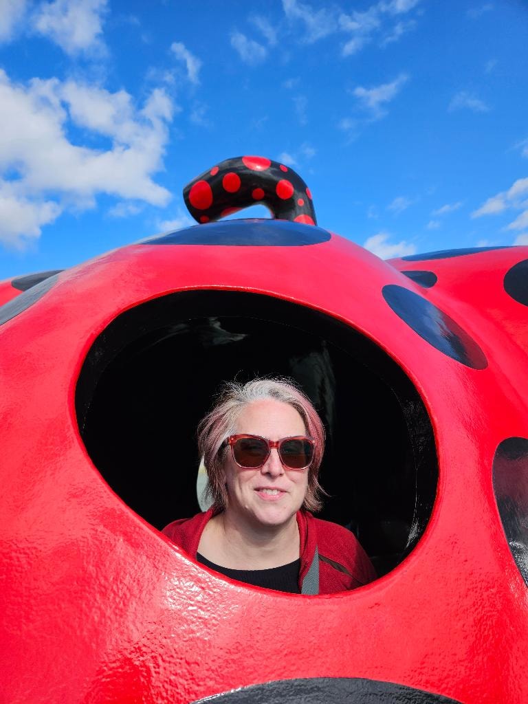 Dr Mara Hickey peering through a giant red pumpkin sculpture